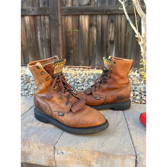 Vintage Justin 762 Brown Leather Lace-Up Original Work Kiltie Boots size 7.5 C - Picture 1 of 16